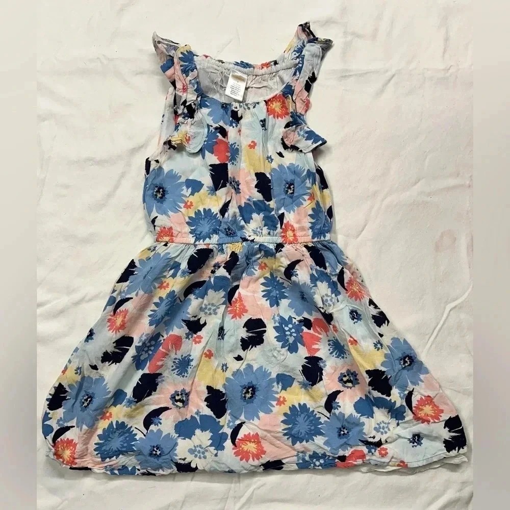 Gymboree Floral Dress Girls 6 Blue Coral‎ Excellent Ruffle Sleeve Rayon Summer